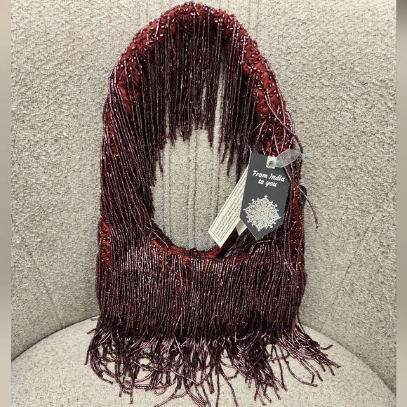 VIRAL Beaded Fringe Burgundy Handbag - Picture 1 of 5